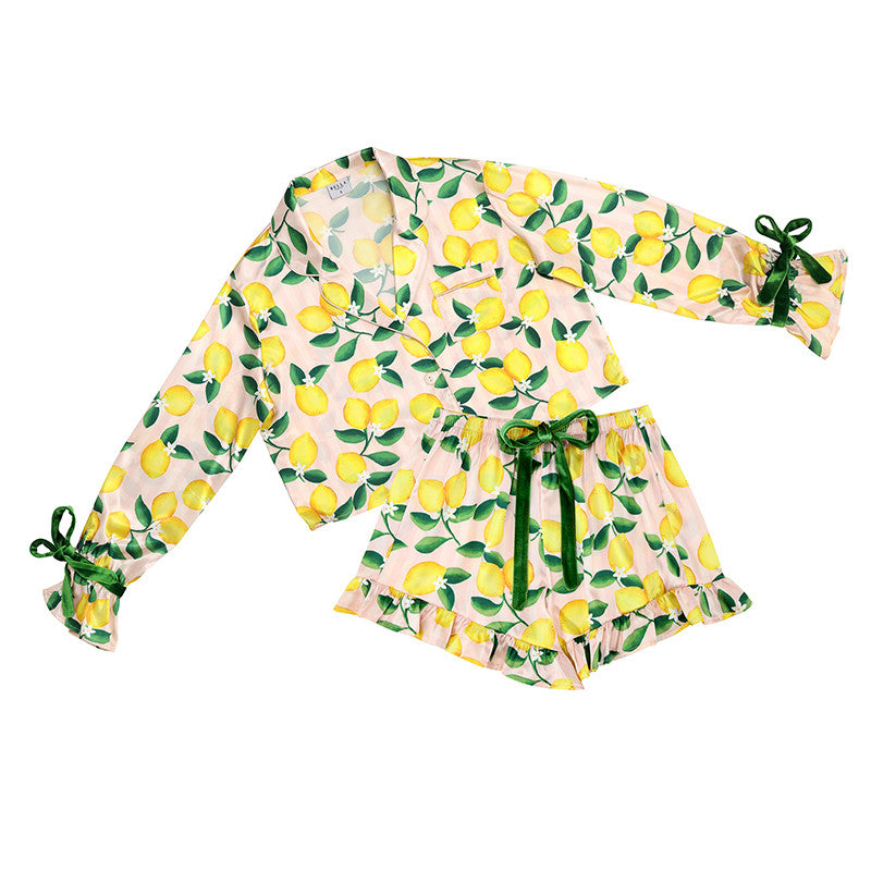 Long Sleeve Cropped Ruffled Top + Ruffled Short PJ Set with Velvet Tie
